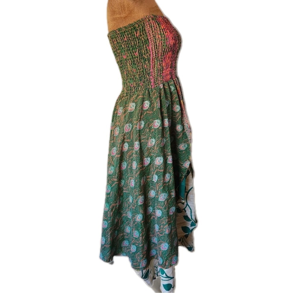 India Tube Dress Green Multicolor Layered Bohemian 100% Silk Stretch Size XS/S - Picture 3 of 6
